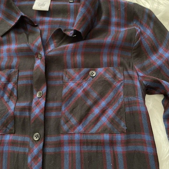 CAbi Flannel Peplum Top Plaid Check Button Down Shirt Ruffle Hem Medium - Picture 4 of 11